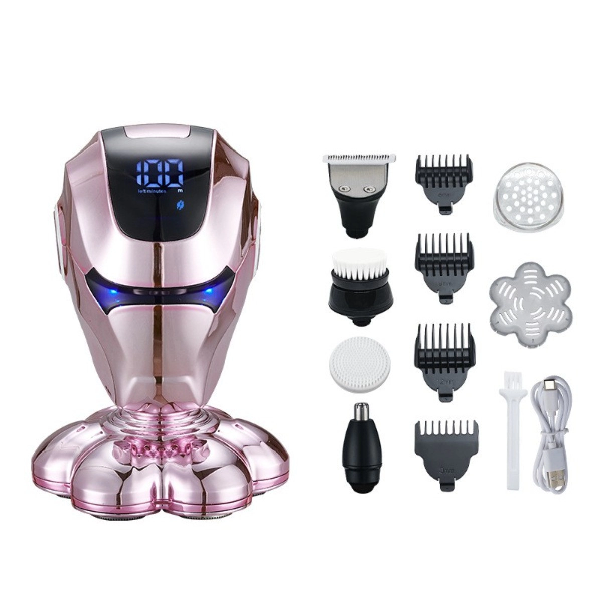 INF Rasoir électrique homme 7 têtes magnétiques 5-en-1, têtes 7D flottantes, affichage LED, rechargeable Type-C Rose